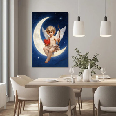 2D Flat, 1Pc Framed Canvas Wall Art, Cupid, Crescent Moon and Red Heart, Romantic Classical Oil Painting Style Art Print Canvas Poster Painting Room W