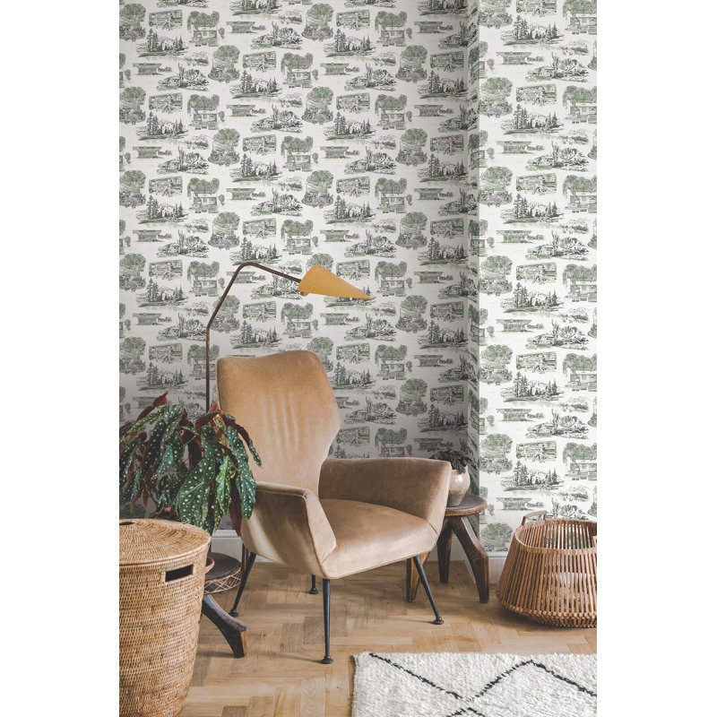 Modern Vista Toile Wallpaper Roll, Evergreen