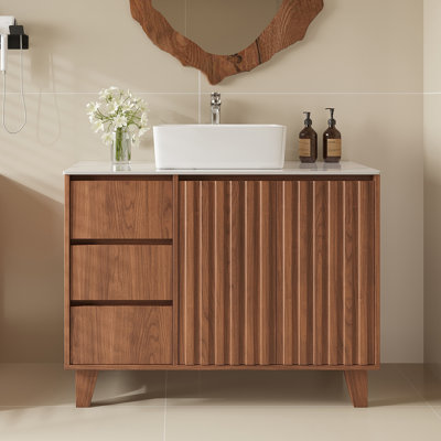 36" L x 30" W Freestanding Wood Bathroom Vanity with Ceramic Vessel Sink & Sintered Stone Top, Single Bathroom Cabinet with 3 Drawers