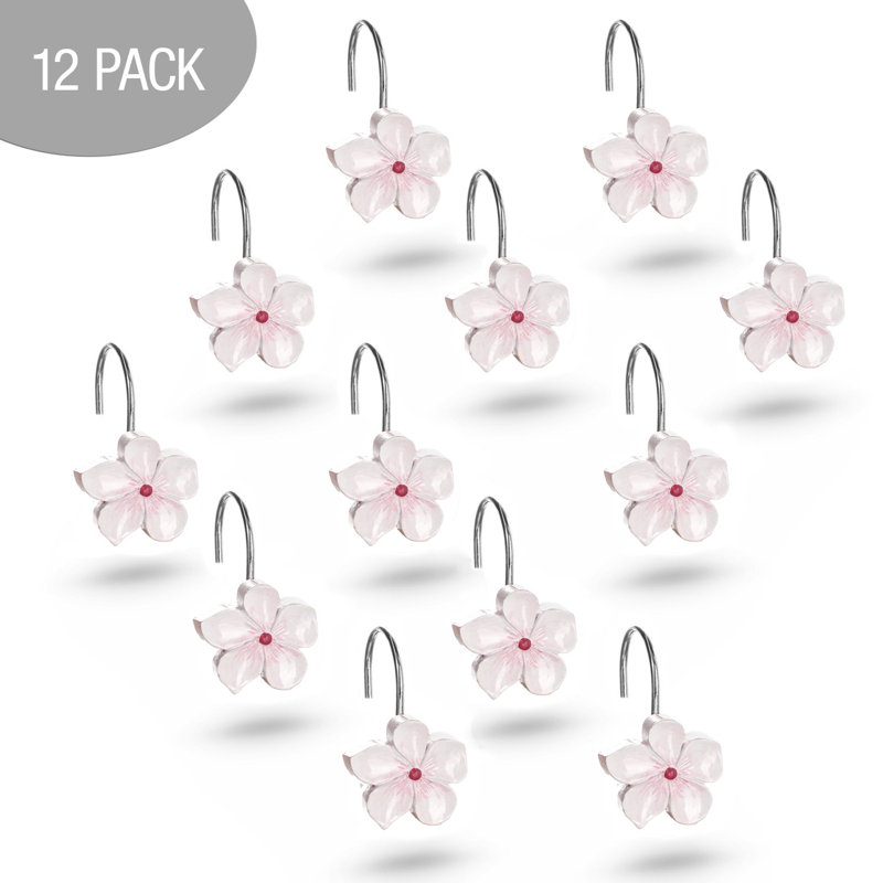 Crochets de rideau de douche Flower - Ensemble de 12 crochets de rideau de douche floraux blancs et roses - Anneaux de rideau de douche décoratifs - Crochets de douche Spring Blossom