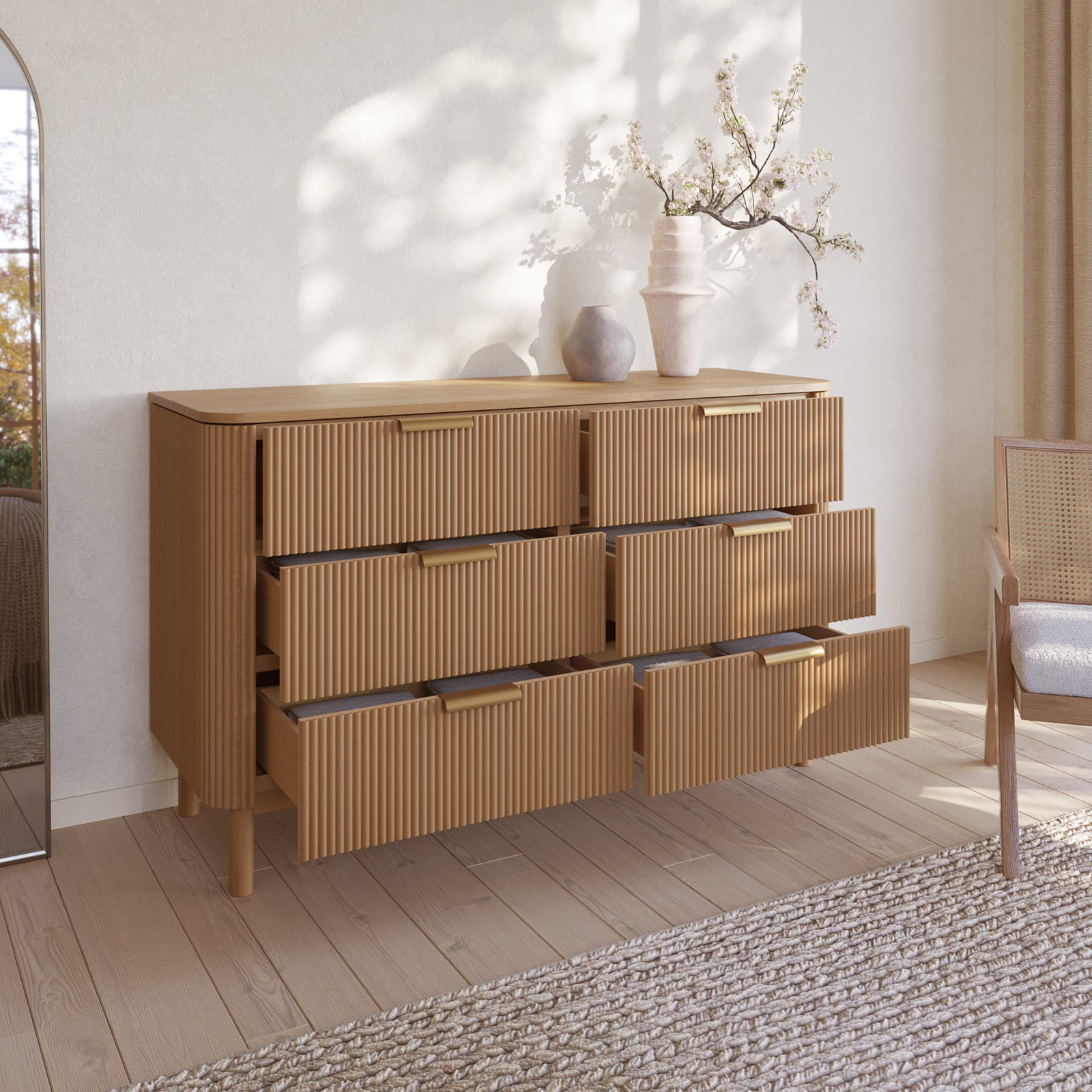 Nova 60" 6-Drawer Dresser with Reeded Front, Reeded Birch