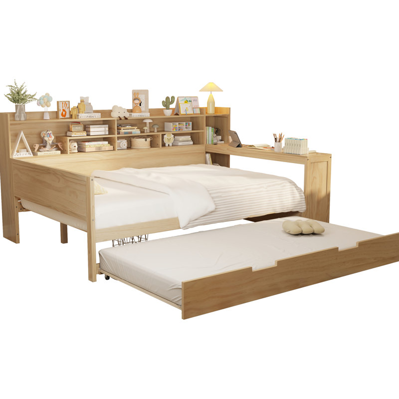 Lit de jour double en bois avec lit gigogne, bureau d'étude et rangement multicouche pour économiser de l'espace dans la chambre à coucher Cadre fonctionnel, lit gigogne, productivité de bureau