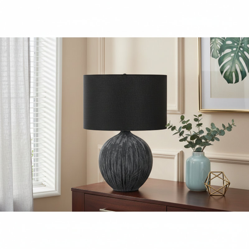 Lighting, H 23 po, lampe de table, céramique noire, abat-jour noir, contemporain
