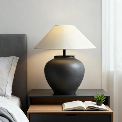 Farmhouse Table Lamp With Ceramic Base And Fabric Shade, Rustic Southwestern Style Nightstand Lamp For Living Room, Bedroom, Office, Entryway