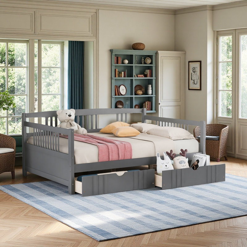 Lit double avec tiroir de rangement, gris