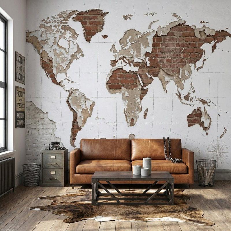 Papier peint brique carte du monde amovible, Non tissé, 200 po x 120 po