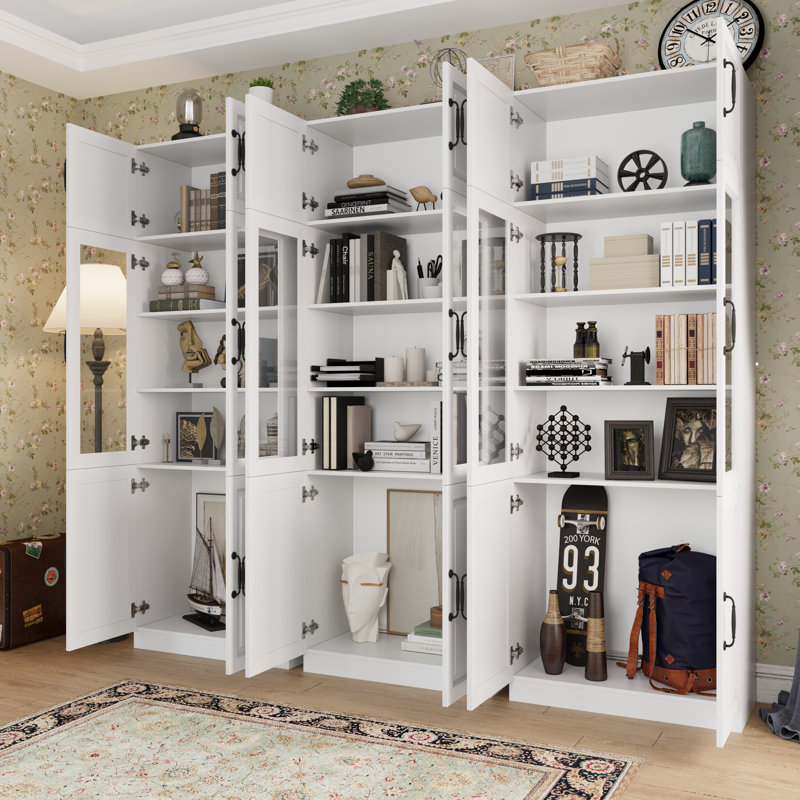 Bibliothèque à 86 niveaux H 86,6 po x l 94,5 po avec portes en verre