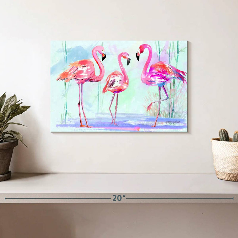 Trio flamant rose Brampt sur fond bleu, H 8 po x l 12 po