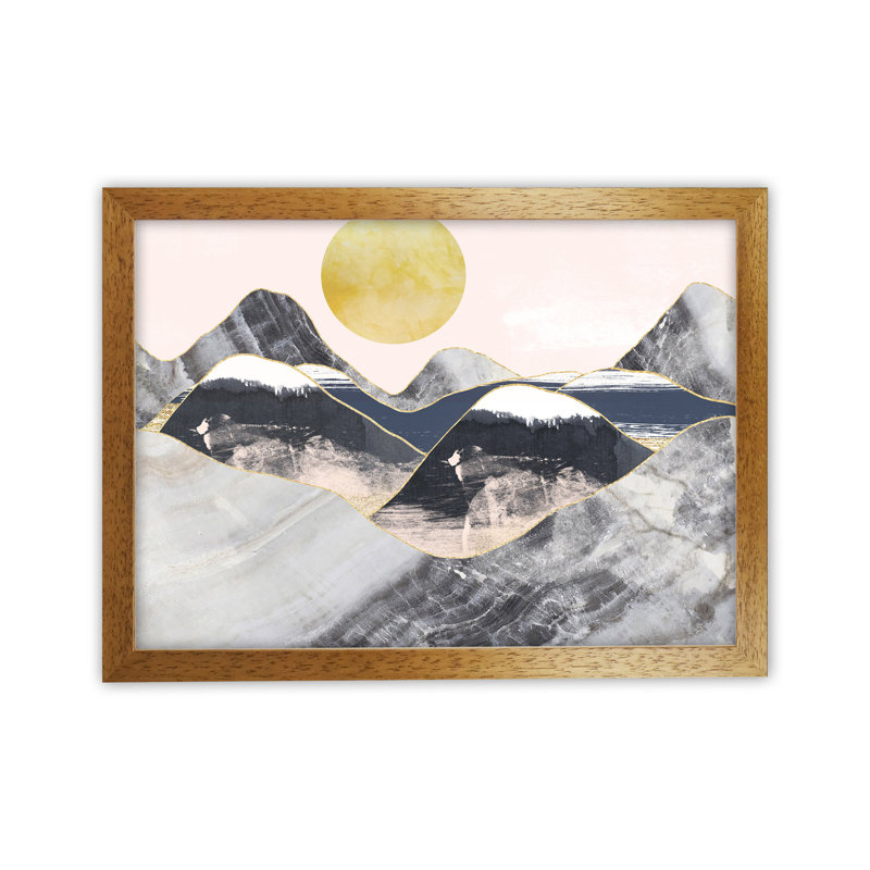 Gold Moon Navy Marble Mountains Landscape by Pixy Paper - Print, 29.7cm H x 42cm W x 3cm D, Oak Framed