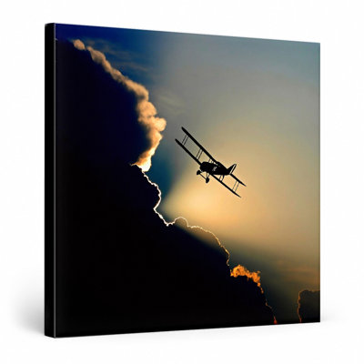 «Biplane Silhouette at Sunset», art mural sur toile carrée
