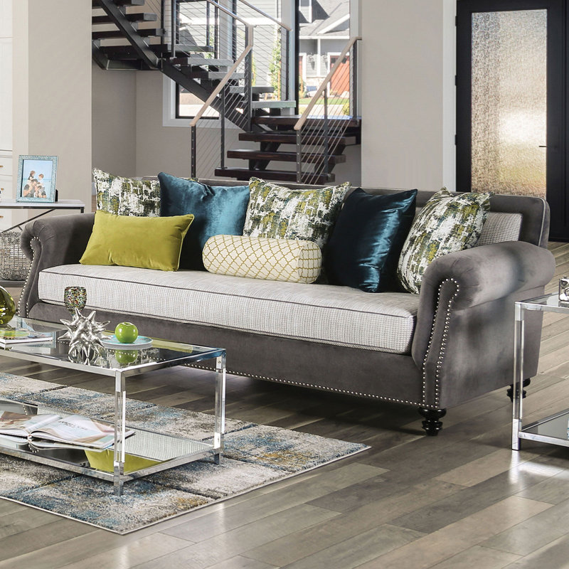 93.4" W Transitional Sofa, Gray/Beige/Teal/Olive