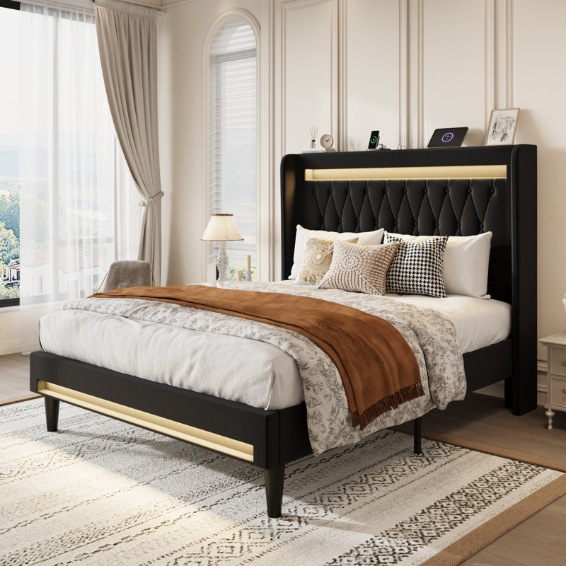Modern Diamond-Tufted Upholstered Bed Frame With RGB LED Lights, USB Charging Ports & Wingback Headboard, Black, Queen