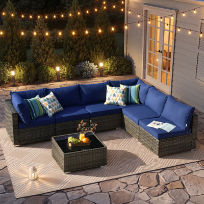7-Piece 6-Person Modular Outdoor Wicker Patio Conversation Set with Cushions and Tempered Glass Table