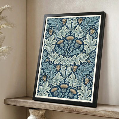 Modern Abstract Floral pattern with thistles and grapes, intricate design, Art Nouveau style. 24" x 36" Framed Canvas Wall Art in Black Wood Frame
