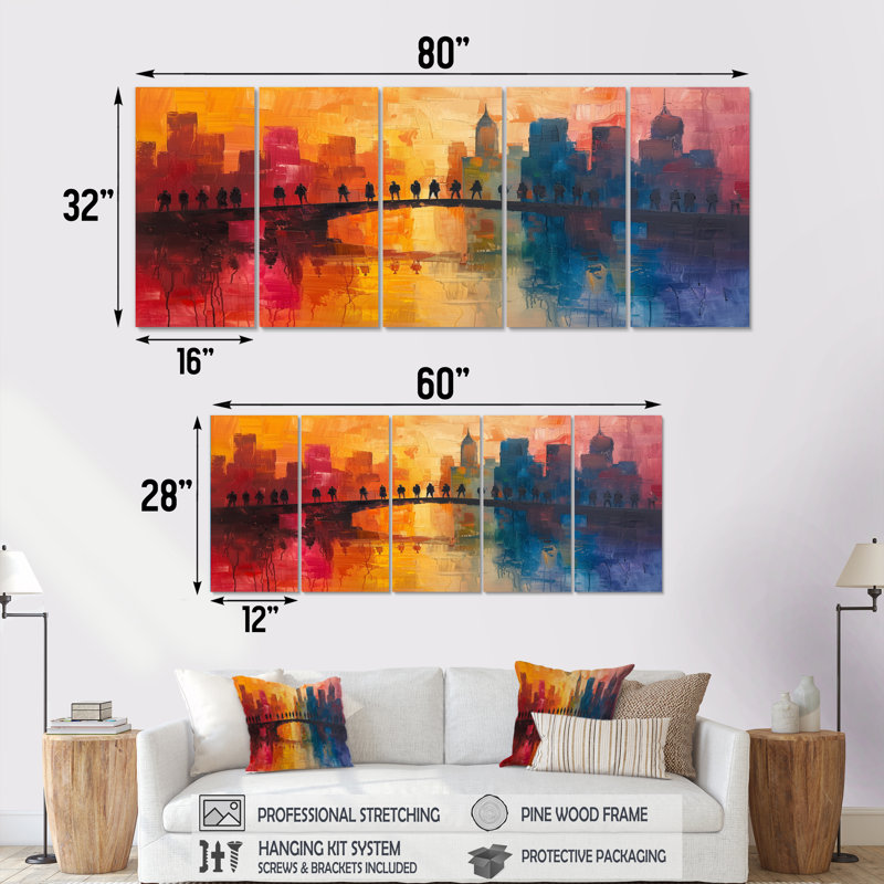 Ensemble d'art mural rouge et bleu City Skyscrapers - Bridges, H 32 po x l 80 po