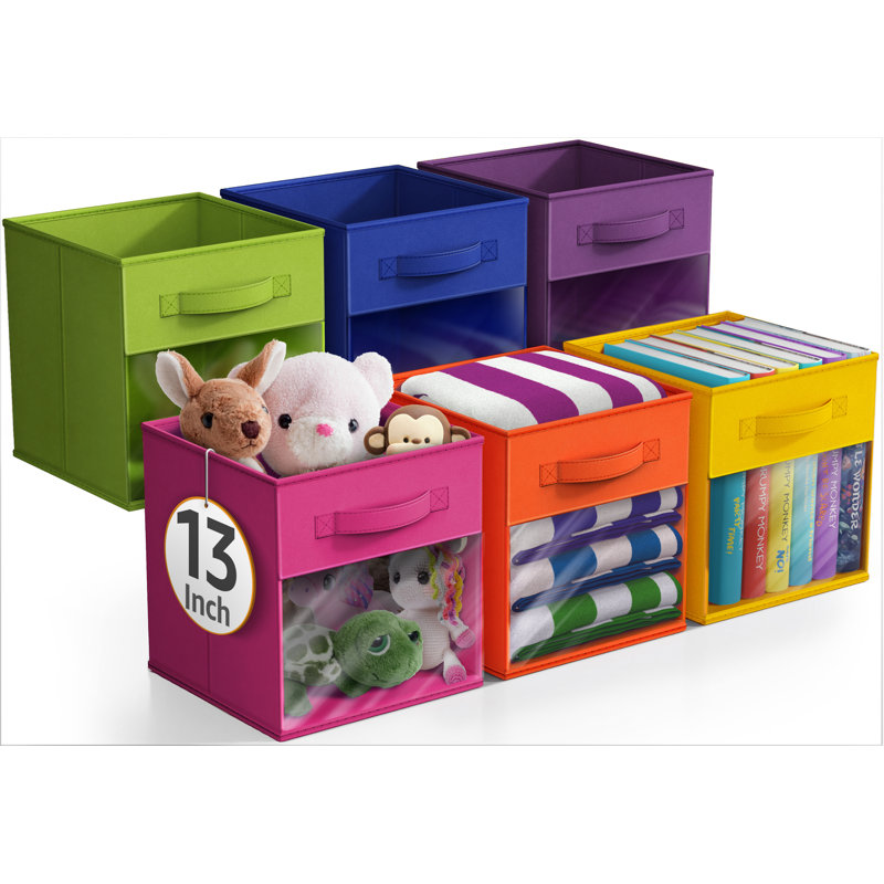 Sorbus Storage Bins with Clear Window - 6 Foldable Baskets with Handles, 13"  x 13"  x 13", Bright Rainbow