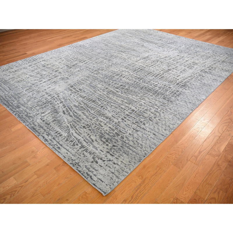 Tapis gris noué à la main de conception unique 9 pi x 12 pi 1 po nouvel âge Fayas