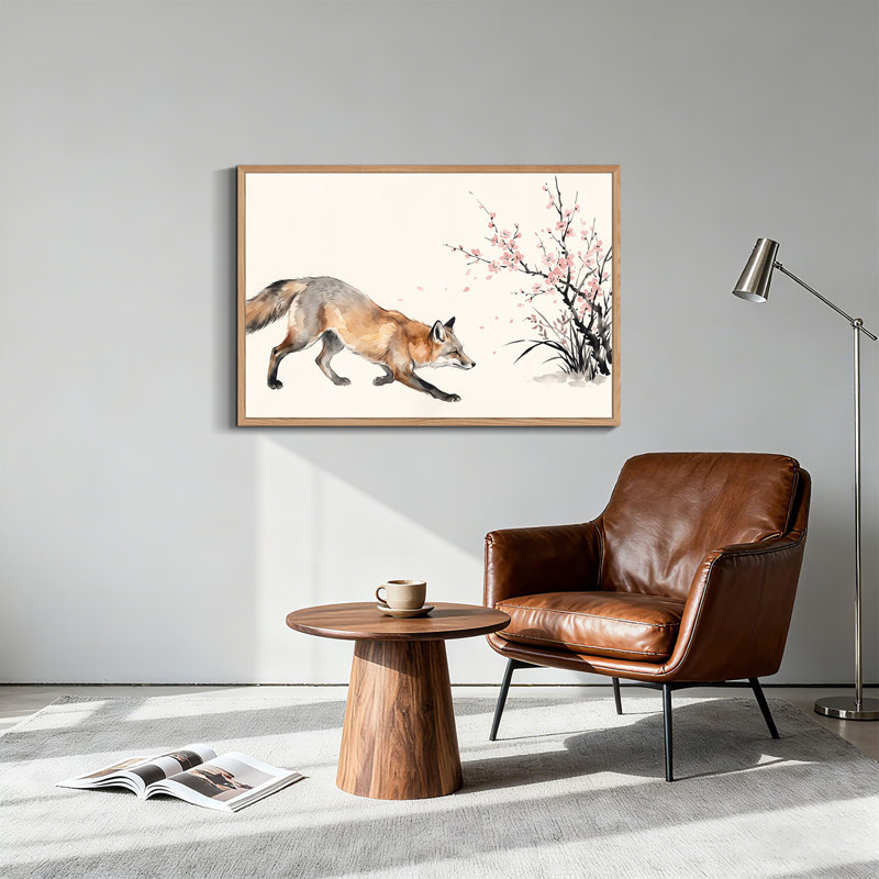 Renard qui marche devant des branches de cerisier en fleurs roses, H 32 po x l 48 po