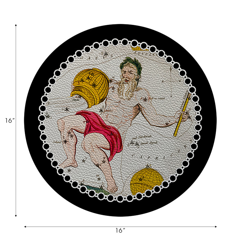 Zodiac Aquarius Vegan Leather Round Pebble Placemat, Black
