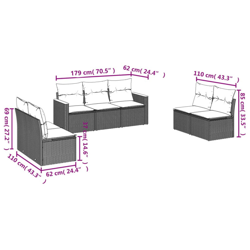 Ensemble de canapé de jardin Vidaxl en rotin PE gris, acier thermolaqué 7 pièces