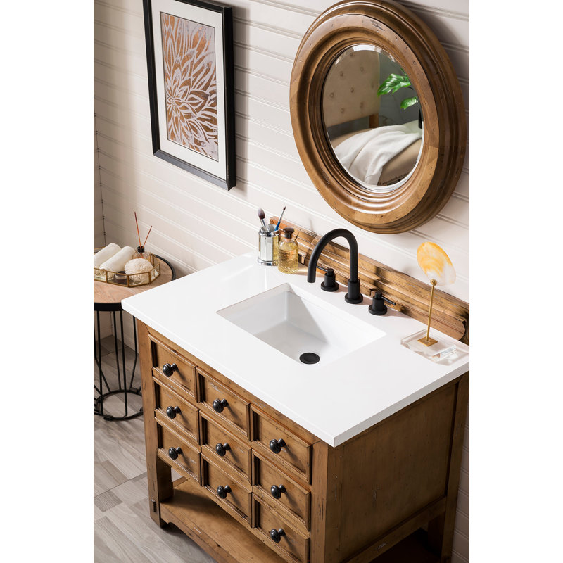 Malibu 36'' W Single Vanity, White Zeus, Widespread, Amber Birch