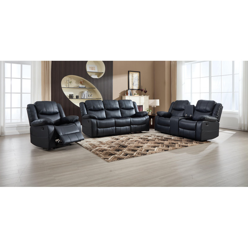 Ensemble de salon inclinable manuel en cuir 3 pièces avec accoudoirs coussinés, Noir