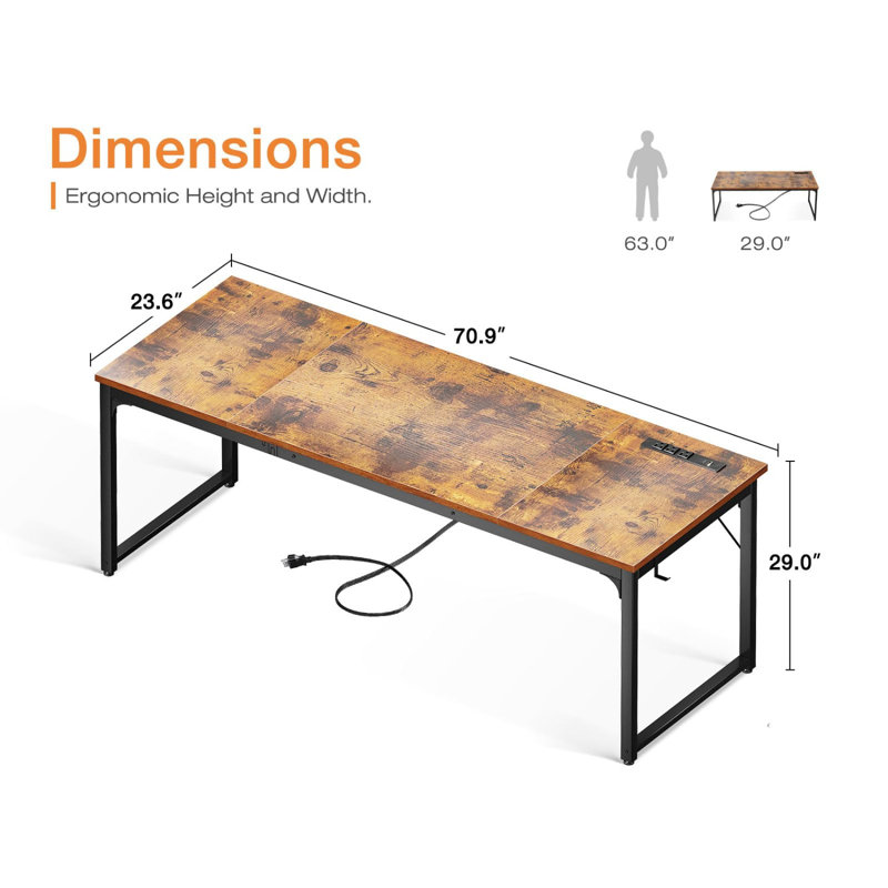 71 Inch Computer Desk With USB Ports, Large Office Desk, Long Study Student Writing Desk, Rustic Brown