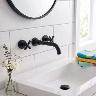 Modern Wall Mounted 2-handle Bathroom Sink Faucet in Matte Black, Solid Brass With Drain Assembly