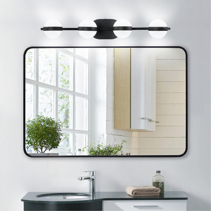 (Identique à W1340P143677 / L2001-B-4) Luminaire de salle de bain minimaliste à DEL noir de 30 po avec abat-jour en acrylique sable cristal, luminaire décoratif mural à 4 lumières, convenant au miroir de meuble-lavabo