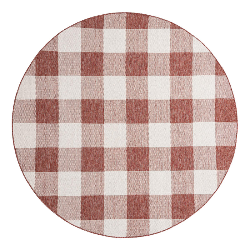 Tatasha Gingham Power Loom Polypropylene Plastic Indoor/Outdoor Area Rug in White/Red, Round 7'10"
