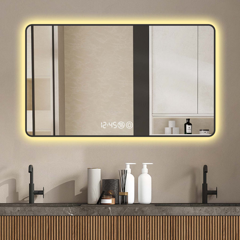 48x32 Black Frame Wall Mirror with Rounded Corners, Temperature Display, Tri-Color Light, and Defogging Function