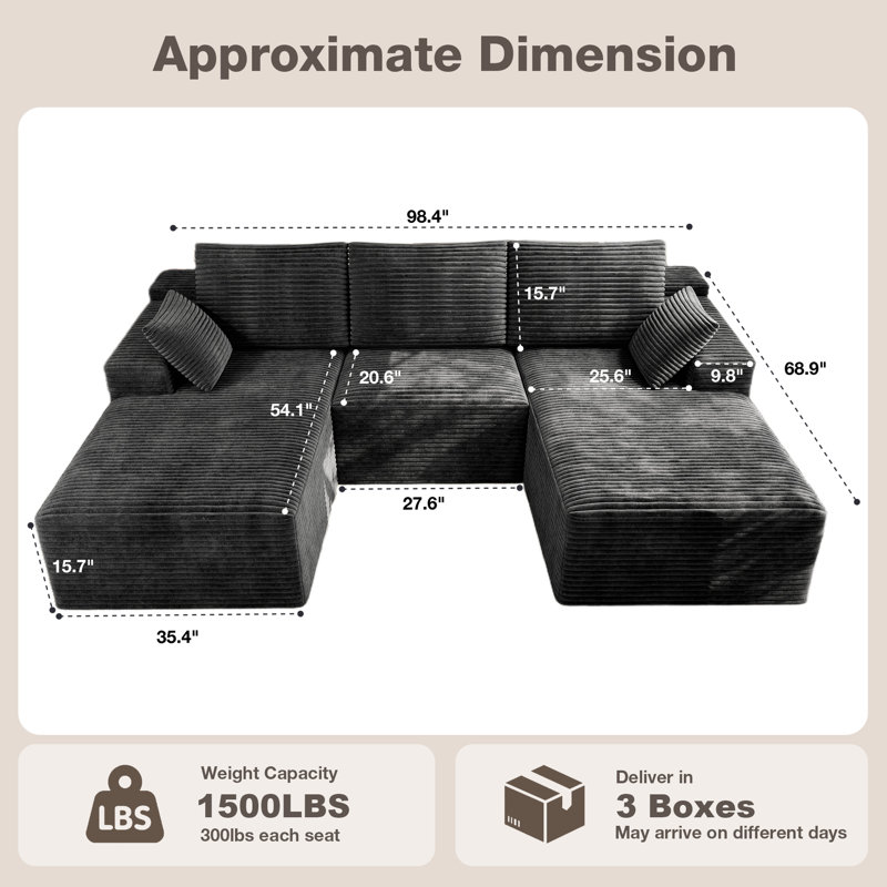 98" U-Shaped Compression Sectional, Corduroy Cloud Couch, Gray, Gray Corduroy