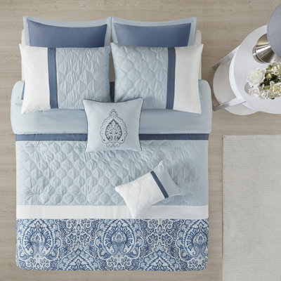 Ensemble de literie luxueuse 8 pièces, polyester confortable, design élégant bleu