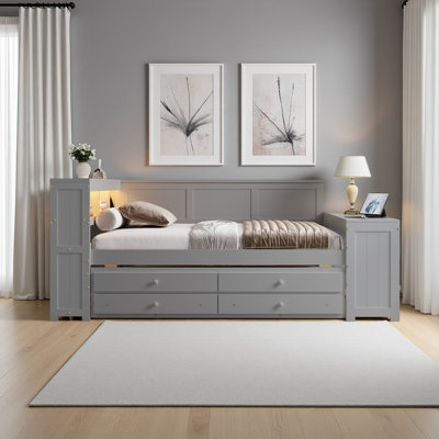 Full Size Daybed With Storage Shelves,Drawers,Trundle,Charging Station,LED Light,Desk And Cabinet