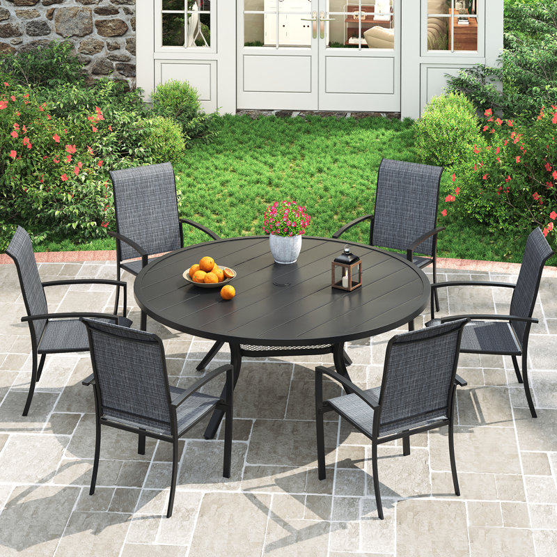 6-Person Round Patio Dining Set With Stackable PVC-Coated Polyester Chairs, Black/Black