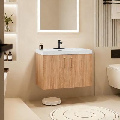 Ensemble de meuble-lavabo moderne 30 po avec lavabo, portes d'armoires flottantes murales, poignées dorées, ensemble de lavabo en résine blanche