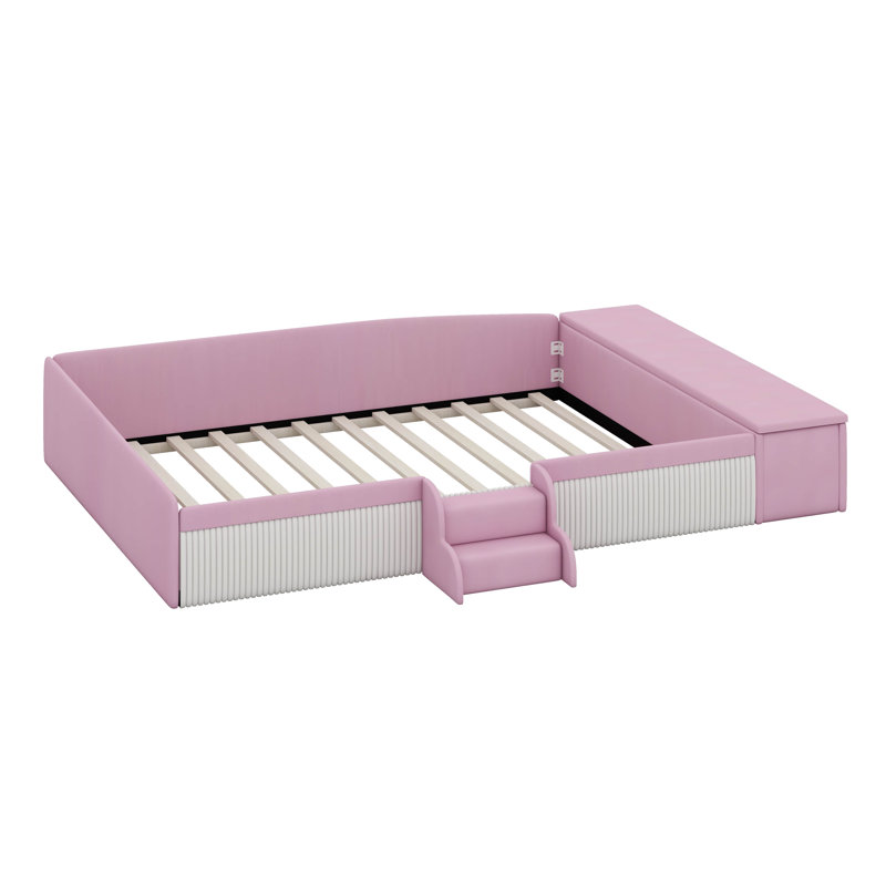 Lit de jour rembourré avec escalier, lit de plancher avec repose-pieds avec rangement et garde-corps rembourrés, Grand lit