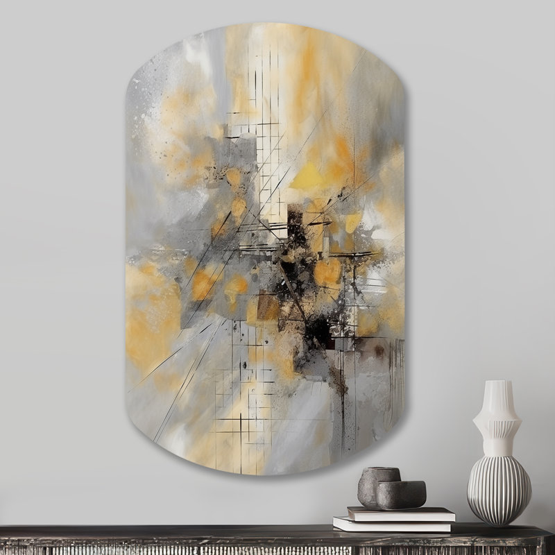Jaune et gris au-delà de la toile I - peinture abstraite, décoration murale asymétrique en métal, cylindre jaune