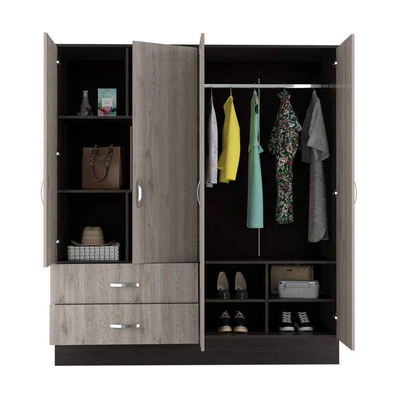 Rainen 71" Light Oak and Black Four Door Wardrobe Closet with Mirrors