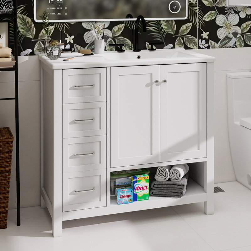 Meuble-lavabo 36 po avec comptoir d'évier, meuble-lavabo avec deux portes et deux tiroirs, bois massif, tablette ouverte, panneaux de fibres à densité moyenne, un paquet, blanc