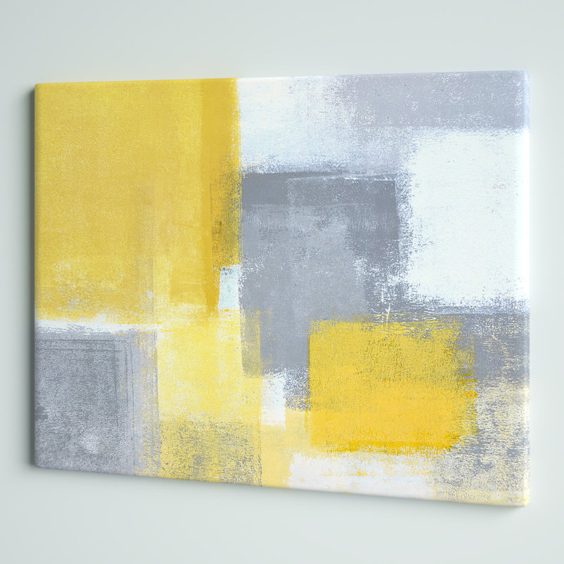 Gris et jaune bleu abstrait XXI - reproduction sur toile, H 36 po x l 46 po, Toile tendue, Sans cadre