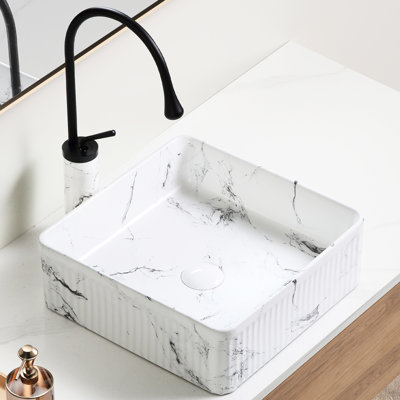 Lavabo de salle de bain en céramique 15,07 po x 15,07 po x 5,15 po, aspect marbre, et rayure au-dessus du comptoir en céramique noire et blanche de 15 po, surface chauffante