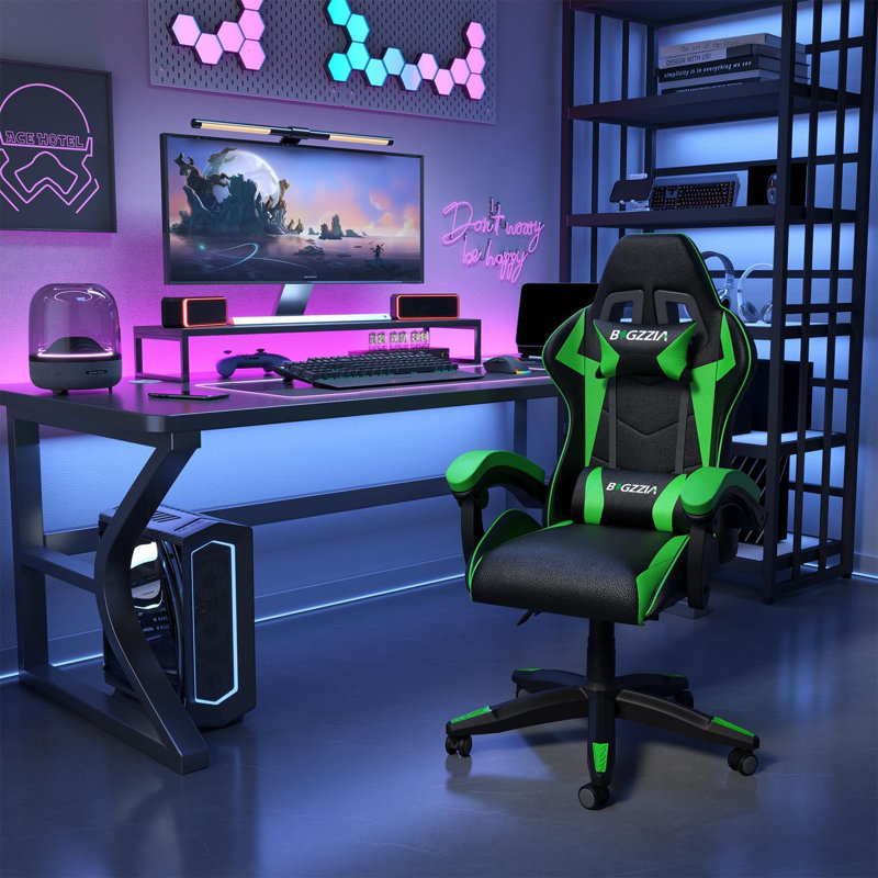 Fauteuil de jeu avec coussin chauffant, Noir/vert