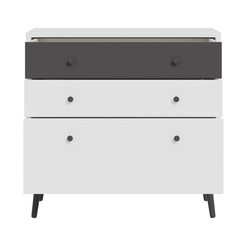 Mid-Century-Modern chest of drawers, EasyKlix by Forte quick assembly system, 3 drawers, tall feet, engineered wood, 89.8 cm W x 86.5 cm H x 41.5 cm D