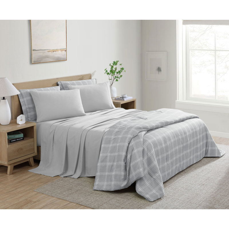 Swift Home Windowpane Plaid 7-Piece Reversible Microfiber Lightweight Bed-In-A-Bag Set, Gray