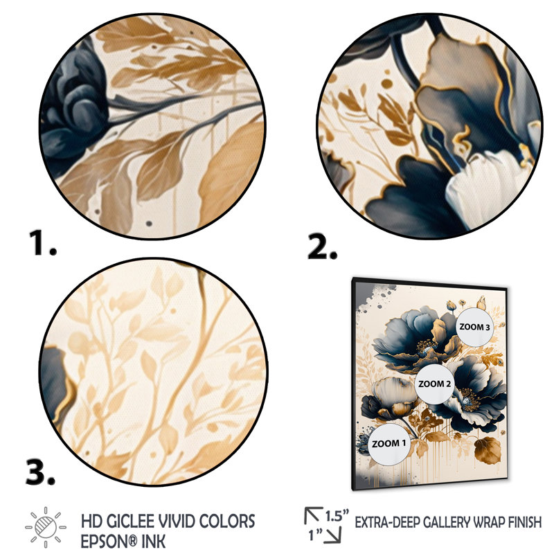 Bleu marine et coquelicots dorés II - reproduction sur toile, Toile encadrée noire à coins fermés, H 20 po x l 12 po x P 1 po