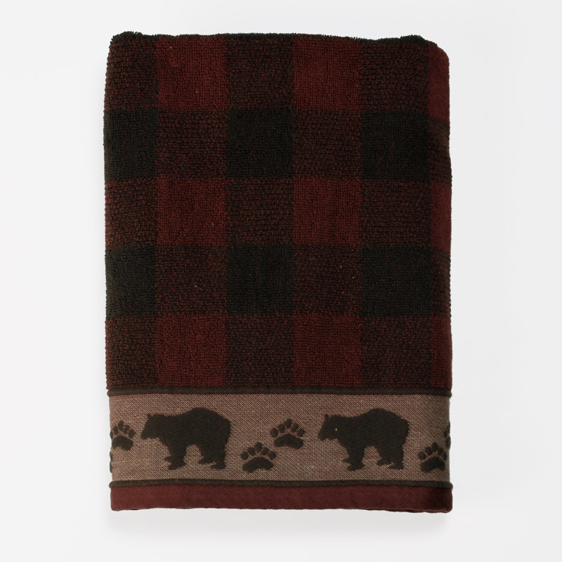 Red and Black Plaid Cotton Bath Towel with Bear Print
