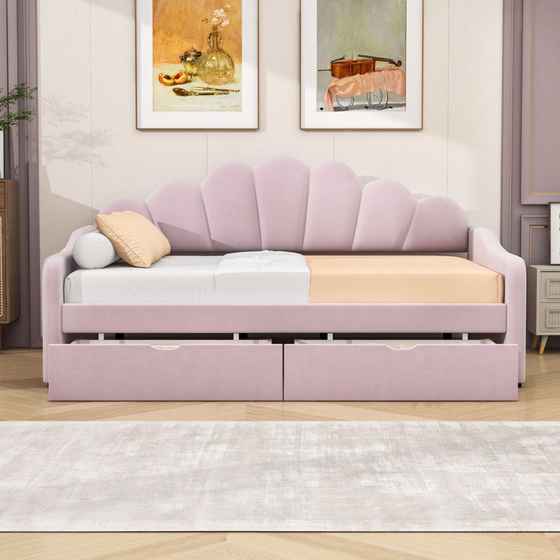 Upholstery Daybed Frame with 2 Drawers, Pink