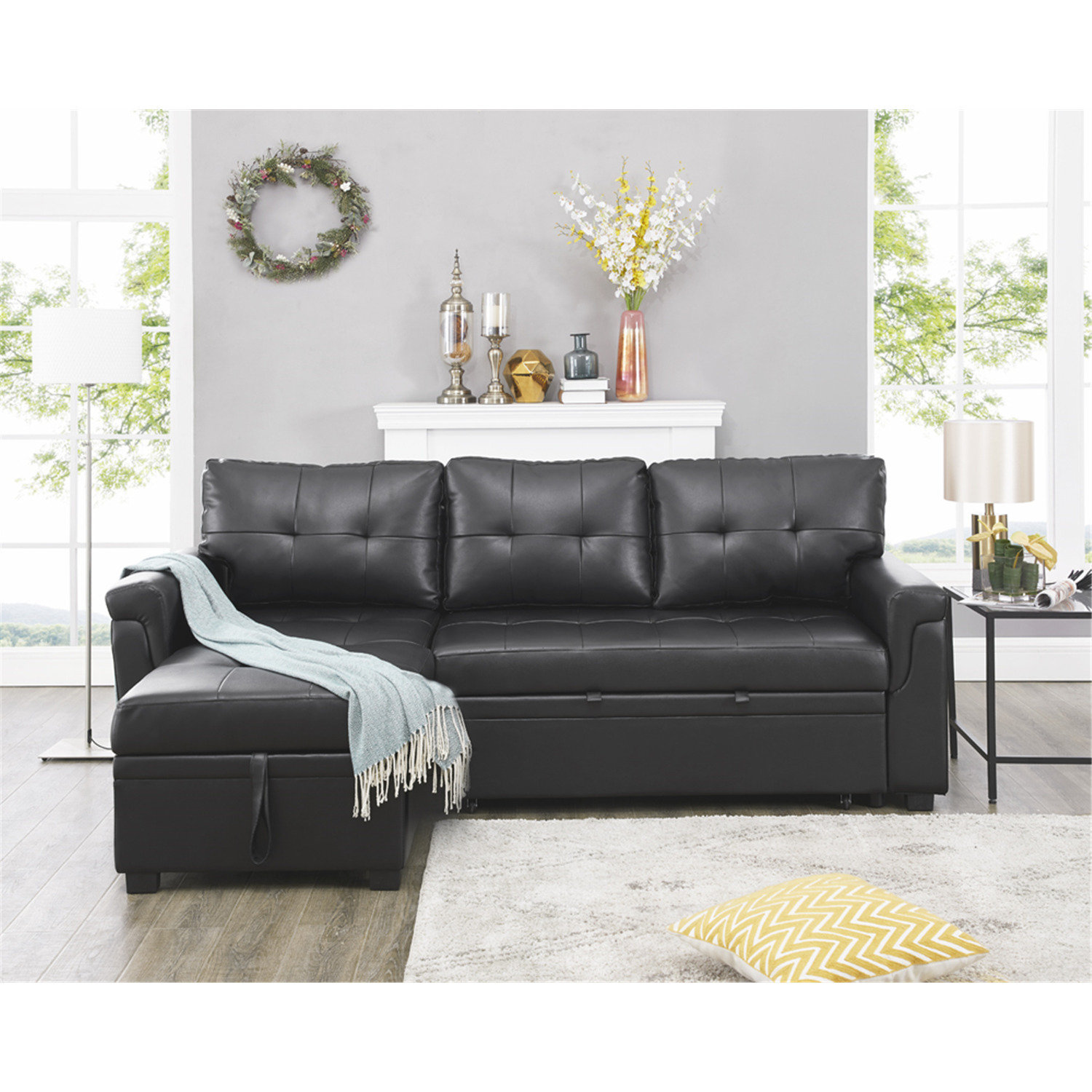 Ebern Designs Sectional Sofa Sleeper with Storage Chaise, Tufted Pull
