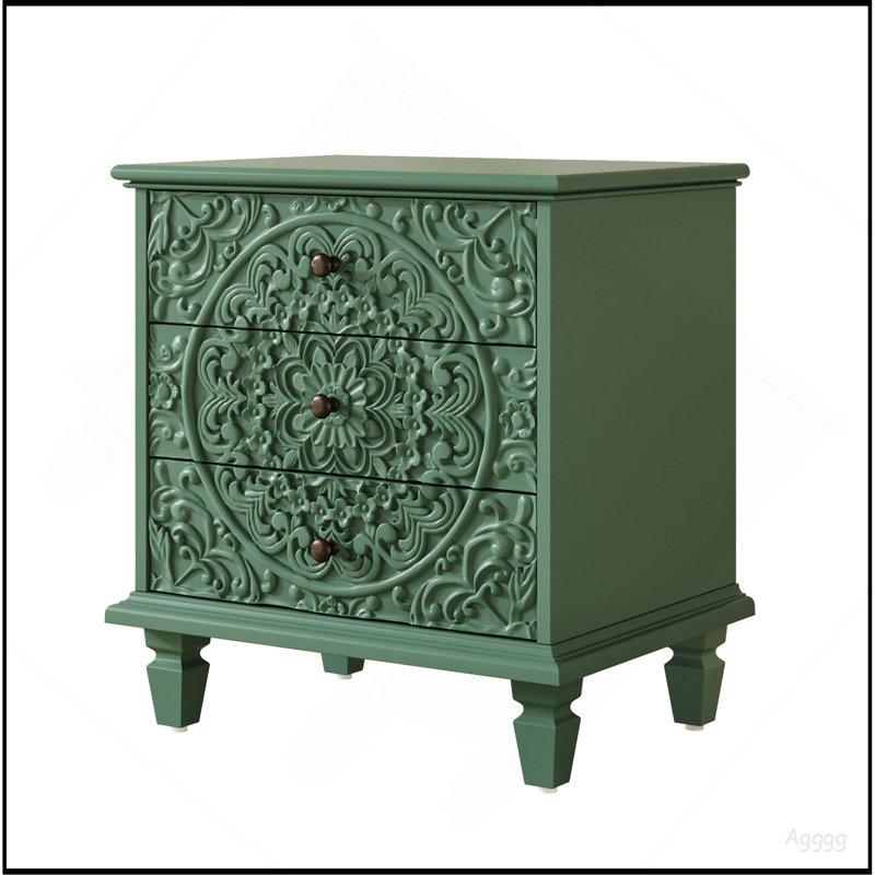 Table de chevet en bois sculpté avec 3 tiroirs, commode décorative en relief à volutes rétro, table de bout d'armoire de rangement pour le salon de la chambre à coucher, vert